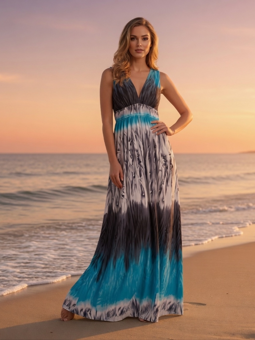 Women's Multicolor Blue/Gray/Black/White V-Neck Maxi Summer Beach Halter Dress🎀 - Picture 1 of 4